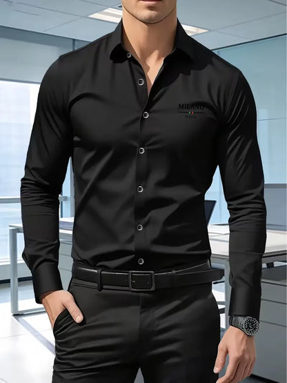 Men's Premium Business Casual Shirt MILANO Logo Print Slim Fit Long Sleeve Wrinkle Resistant Dress Shirt Multi Styles Available