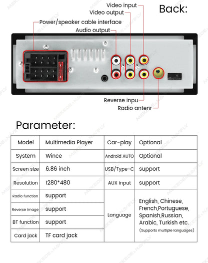 1din 6.86inch HD Touch Screen Multimedia Player Wireless For Apple Carplay Android Auto Support Bluetooth AUX Mirror Link FM SWC