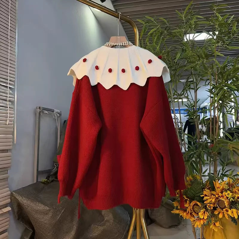 Large Size Women Three-dimensional Bow Sweet Peter Pan Collar Knitted Top Fashion New Red Versatile Long Sleeve Loose Sweater