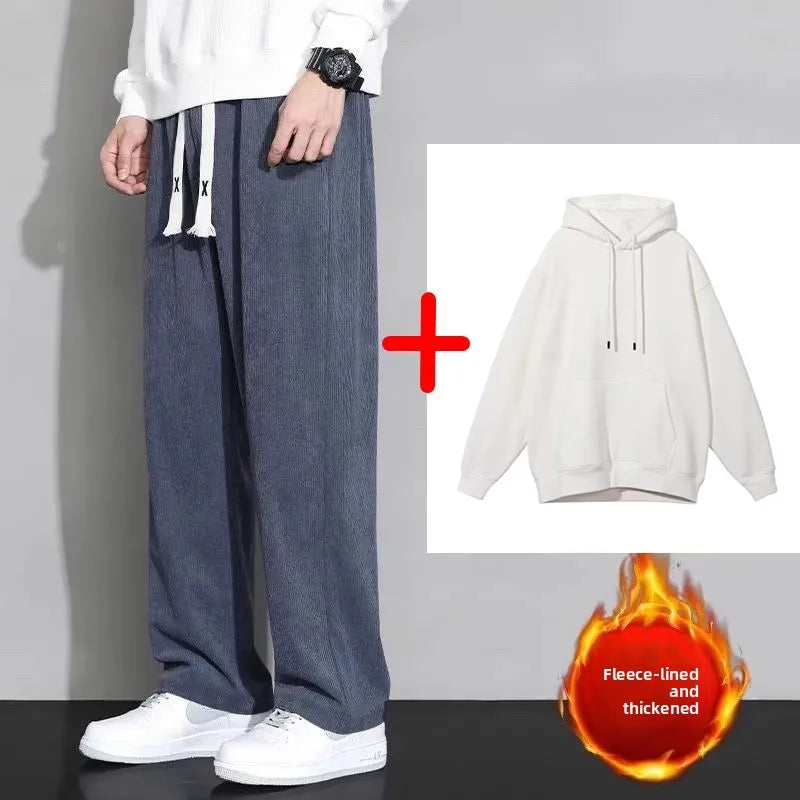 Corduroy Fleece Lined Men's Pants Autumn Winter Style Loose Straight Leg Sports Casual Set Men's Winter Fashion Trousers