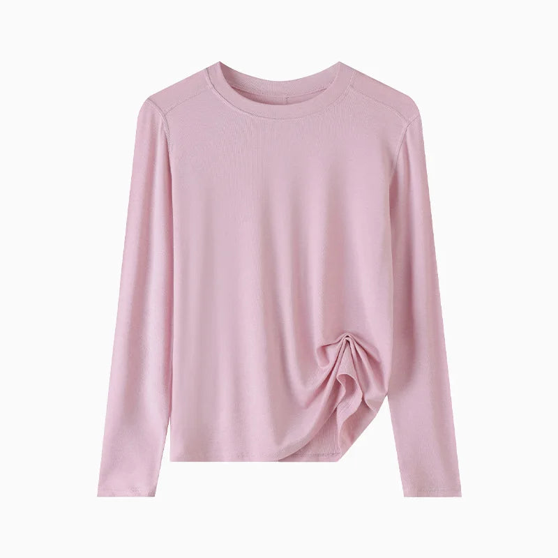 Niche Luxury Women's Solid Color Crew Neck Long Sleeve Knit Top, Soft Breathable Fabric, Casual Daily Inner Wear for Summer