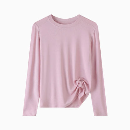 Niche Luxury Women's Solid Color Crew Neck Long Sleeve Knit Top, Soft Breathable Fabric, Casual Daily Inner Wear for Summer