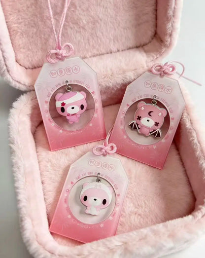 Pink Bear Omamori Car Hanging Ornament, Cute Lucky Charm for Vehicle