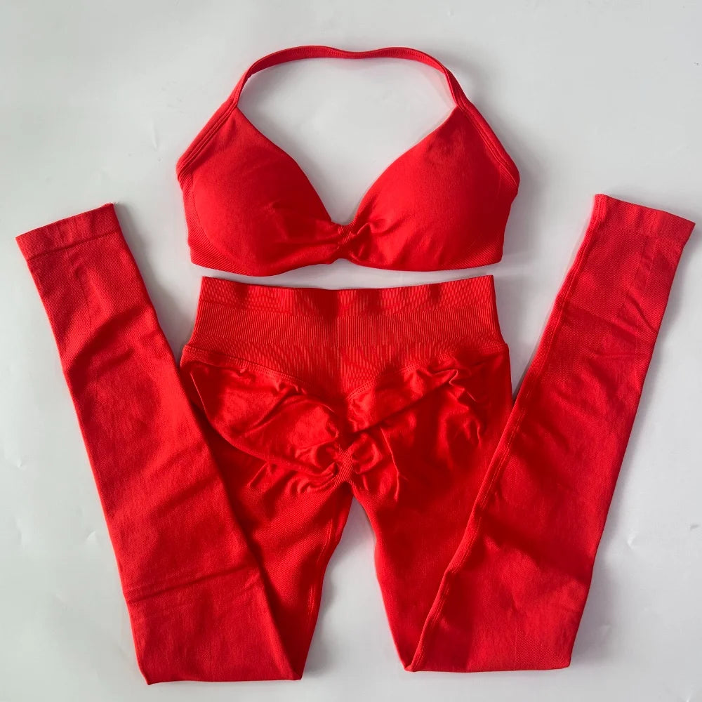 Women's 2 Piece Yoga Set High Quality Seamless Leggings And Strappy Bra Workout Gym Fitness Sportswear Resistance Training