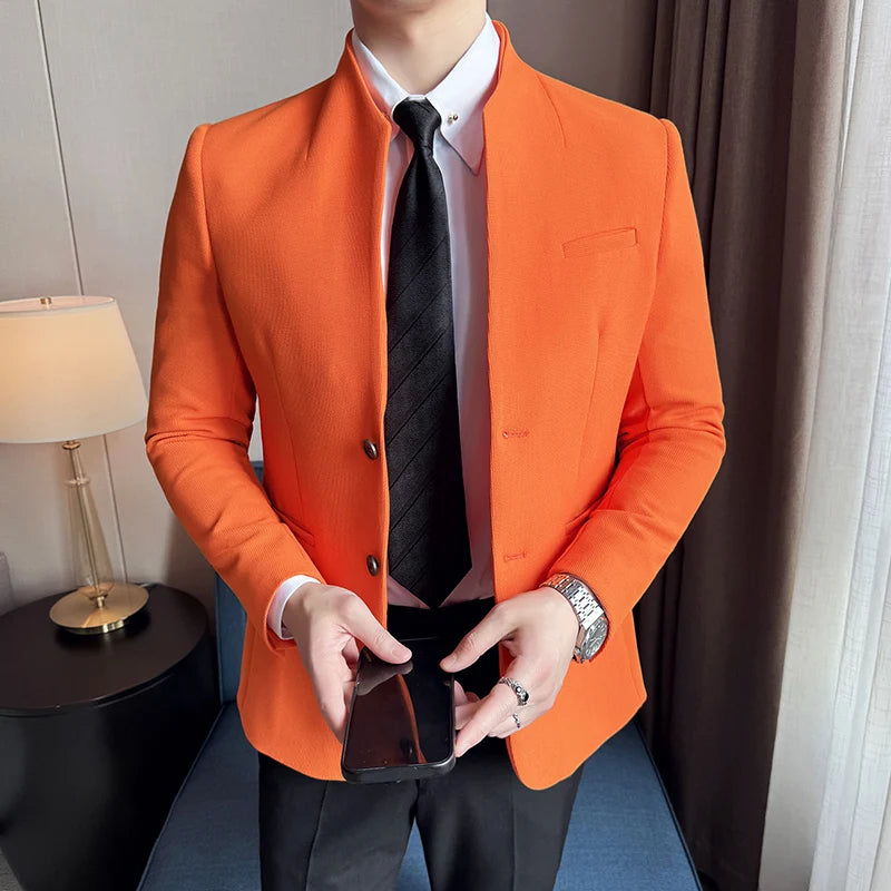 Waffle New Chinese Stand-Up Collar Suit Coats Men Slim Fit Business Casual Fashion Suits Jacket Formal Social Prom Party Tuxedos