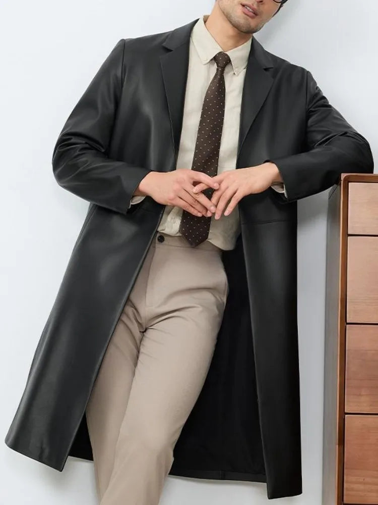 Business Casual Style Turn Down Collar Pocket Genuine Leather Long Jacket Single-Breasted Male Sheepskin Trench Outerwear