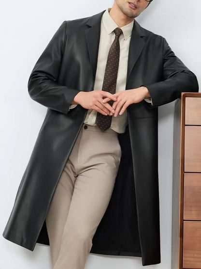 Business Casual Style Turn Down Collar Pocket Genuine Leather Long Jacket Single-Breasted Male Sheepskin Trench Outerwear
