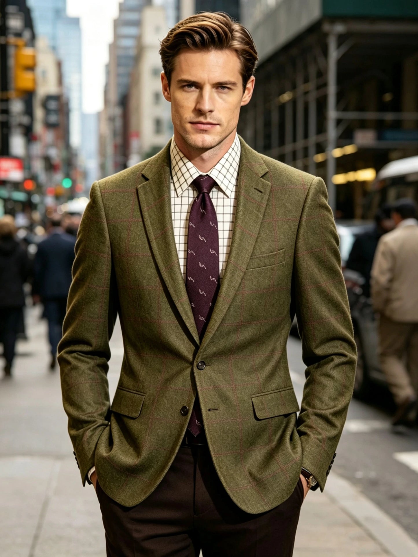 Men's Green Plaid Woolen Blazer Single Breasted Two Buttons Coat Prom Tuxedo Business Wedding Jacket Casual Wool Suit One Coat