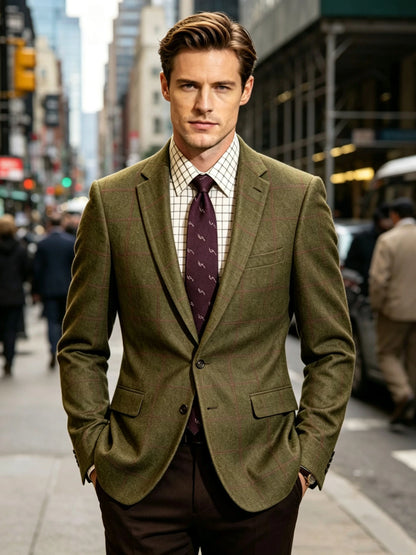 Men's Green Plaid Woolen Blazer Single Breasted Two Buttons Coat Prom Tuxedo Business Wedding Jacket Casual Wool Suit One Coat
