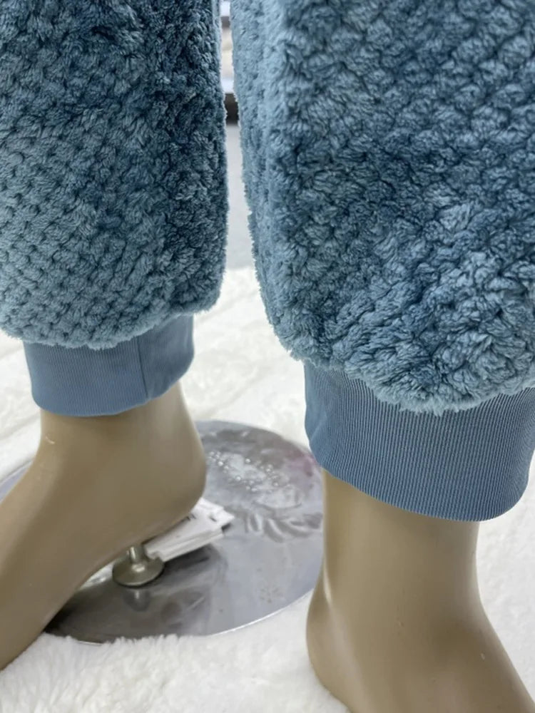 Couples Flannel Sleepwear Hooded Home Clothes Set Men Women Casual Warm Long Sleeve round Neck Wide Leg Pants Comfortable