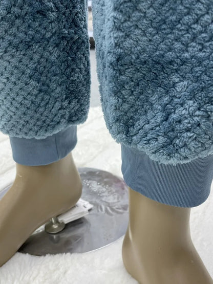 Couples Flannel Sleepwear Hooded Home Clothes Set Men Women Casual Warm Long Sleeve round Neck Wide Leg Pants Comfortable