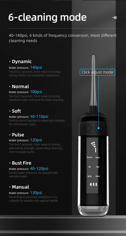 Water Flosser Oral Irrigator Tooth Scaler 6 models 40-140PSI Rechargeable Dental Water Jet IPX7 Waterproof Teeth Cleaner