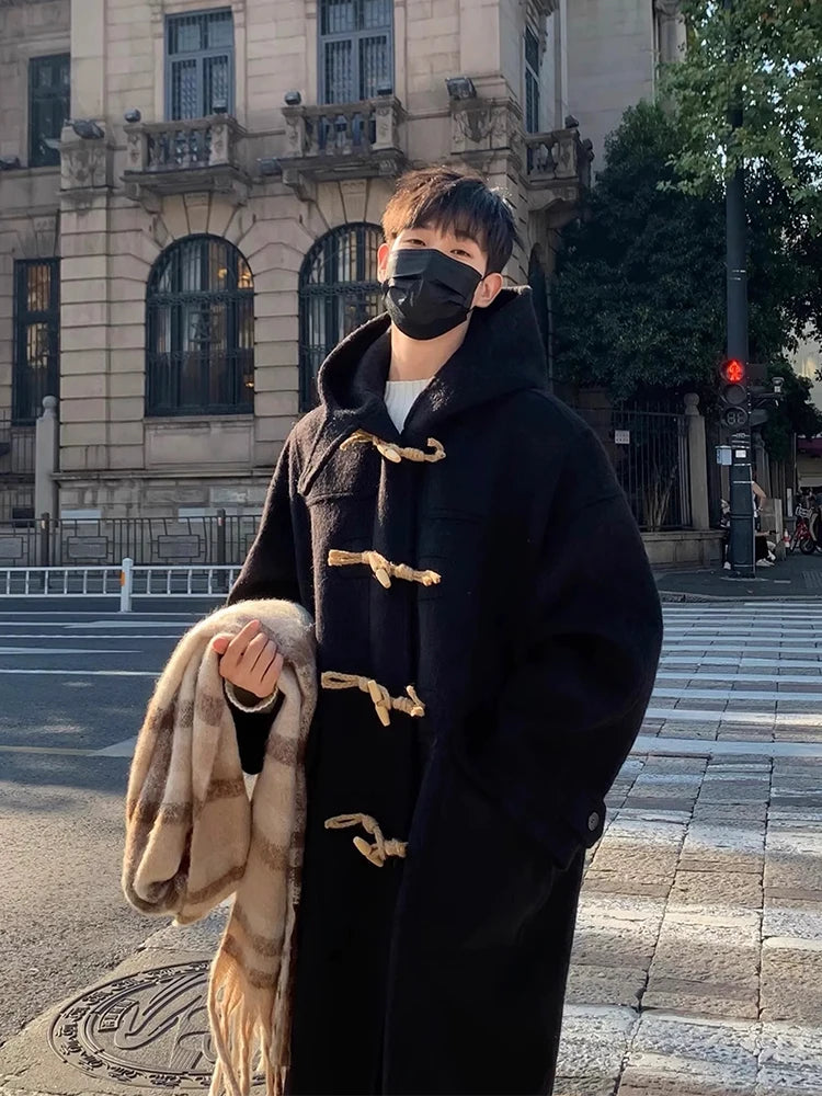 Japanese Style Woolen Coat with Horn Buttons Unisex Winter Loose Long Hooded Jacket Thickened Cotton Youthful Vitality Style