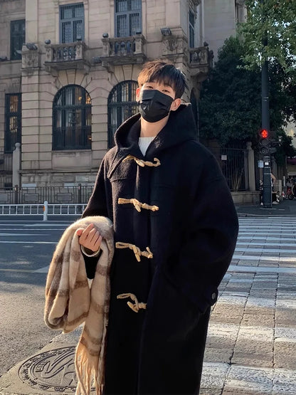 Japanese Style Woolen Coat with Horn Buttons Unisex Winter Loose Long Hooded Jacket Thickened Cotton Youthful Vitality Style