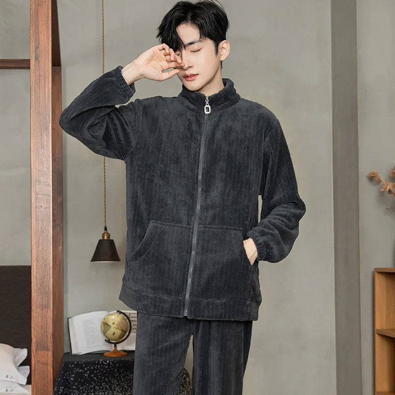 Can Wear Pajamas Men Autumn Winter Flannel Thick Stand Collar Zipper Coral Velvet Pajamas Pajama Pants  Set Men's Home Wear