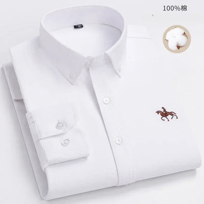 100% Pure Cotton Men's Long Sleeve Shirt Business Casual Solid Color Embroidered Oxford Spun Shirt