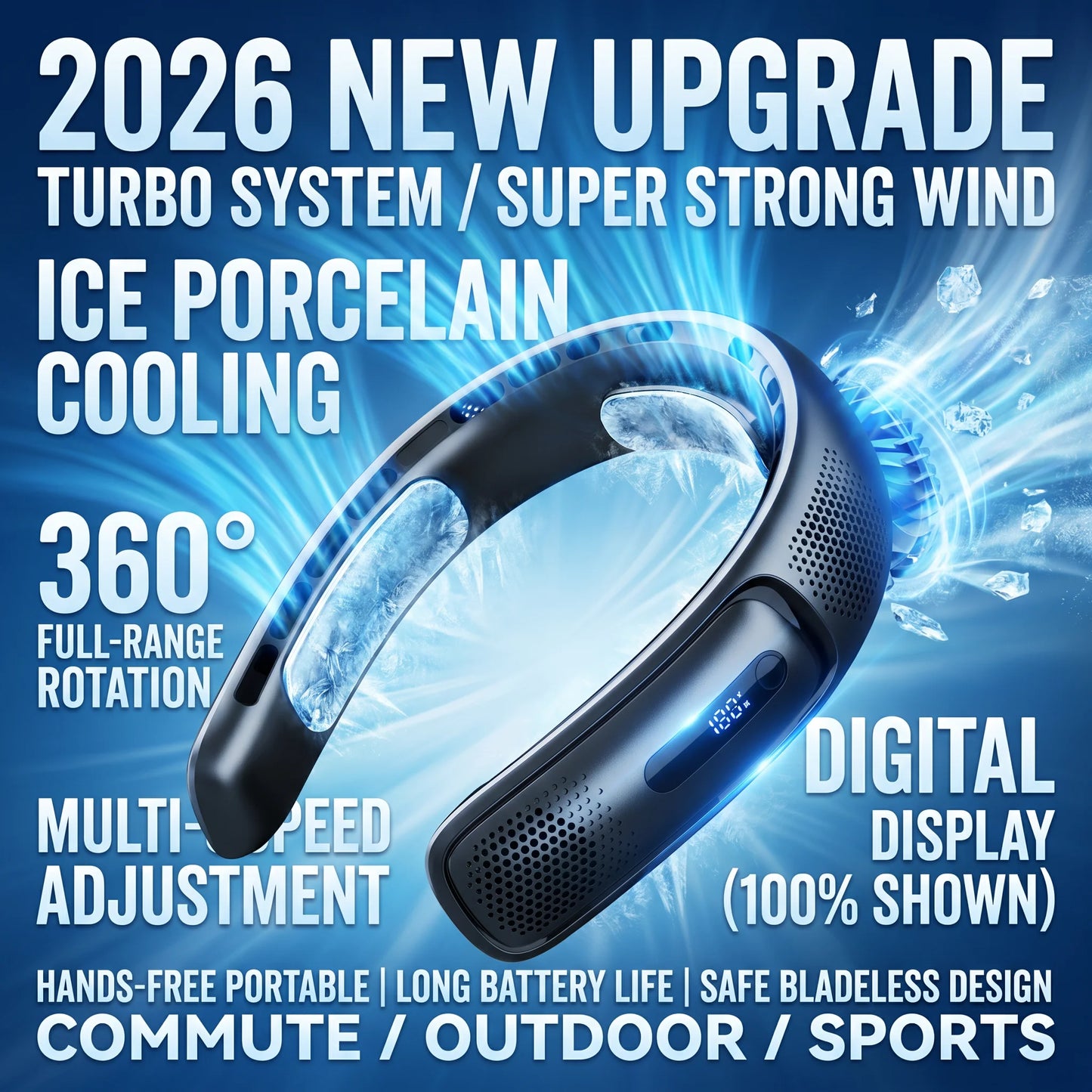 2026 New Upgrade New Portable Neck Fan 4 Turbocharged Bladeless Neck Fans 4000mAh USB Rechargeable 360 ° Cooling Fan 3-speed LED