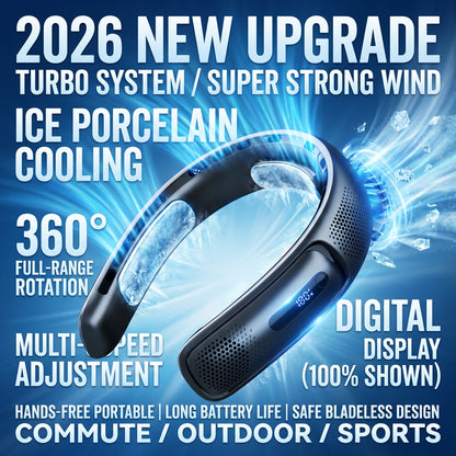 2026 New Upgrade New Portable Neck Fan 4 Turbocharged Bladeless Neck Fans 4000mAh USB Rechargeable 360 ° Cooling Fan 3-speed LED