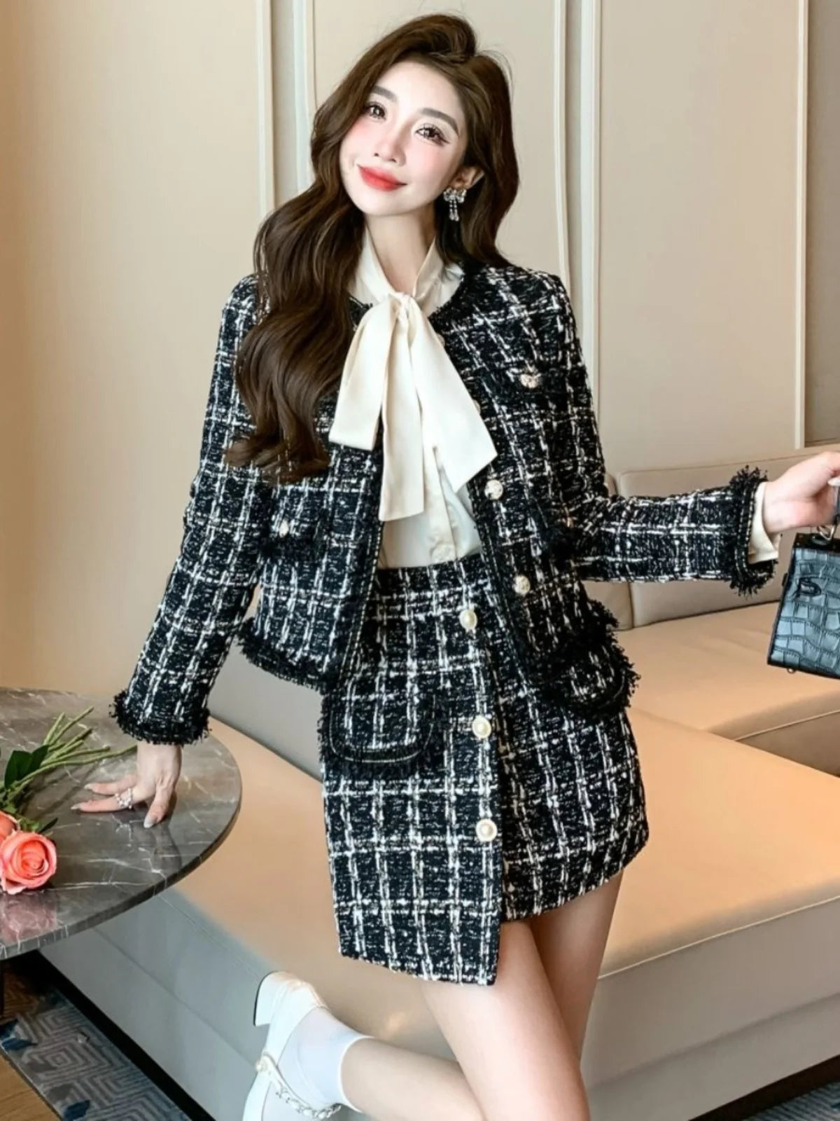 Early Autumn Small Fragrance Style Set Women's Autumn Winter Elegant Fashion High-End Feelings Outerwear Half Skirt Two-Piece...