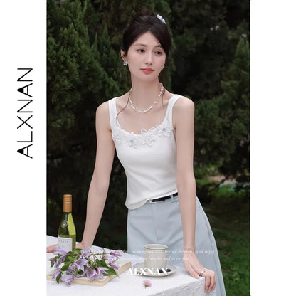 ALXNAN White Tank Tops Women 3D Floral Design Elegant Square Neck Camisole Summer Casual Cotton Female Sleeveless Tops L62833