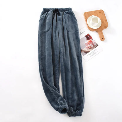 Men Sleep Pants Warm Pants Long Pants Fall Winter Flannel Elastic Cuff Loungewear Pants Loose Fit