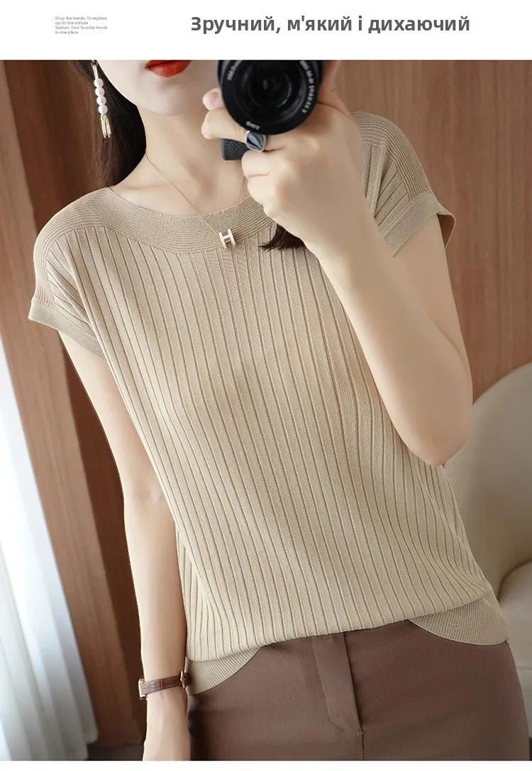 Ice Silk Knitted Top Women Loose Spring Summer New Style Thin Short Sleeve One Shoulder T-Shirt Breathable Comfortable Casual...