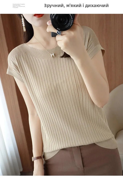 Ice Silk Knitted Top Women Loose Spring Summer New Style Thin Short Sleeve One Shoulder T-Shirt Breathable Comfortable Casual...