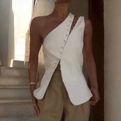 Cryptographic Elegant Asymmetrical Top with Hook and Eye Fashion Sexy Cut Out Backless Split Tops Slim Vest Summer Clothes