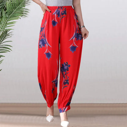 High Waist Lantern Pants Casual Cotton Silk Large Size Printed Long Trousers for Middle-Aged And Elderly Women