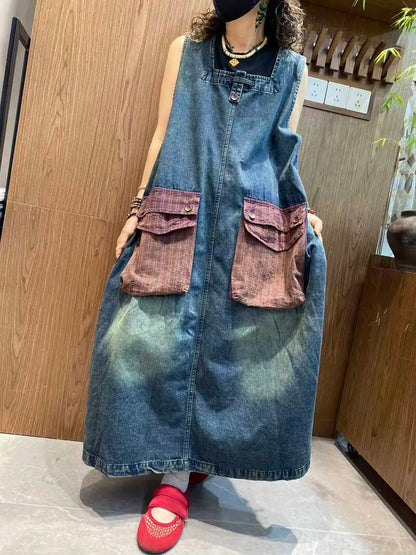 Color-blocked Large Pocket Denim Dress Women Sleeveless Suspender Tank Dress XY326