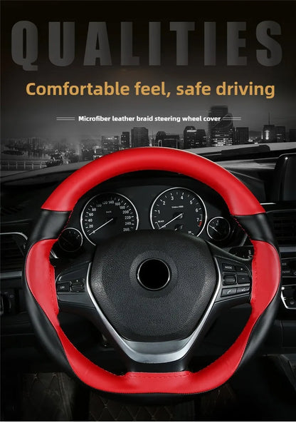 Leather Hand Sewn Steering Wheel Covers Universal DIY Braiding Car Steering Wheel Cover Car Accessories Steering Wheel Wrap 38CM