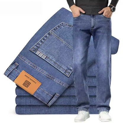 plus Size Men's Blue Straight Loose Jeans 40-44 Cotton Stretch Denim Casual Business Pants for Autumn
