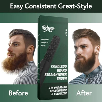 Beard Straightener for Men, Portable Cordless Heated Hair and Beard Straightening Brush with Anti-Scald and Ionic Technology, 3
