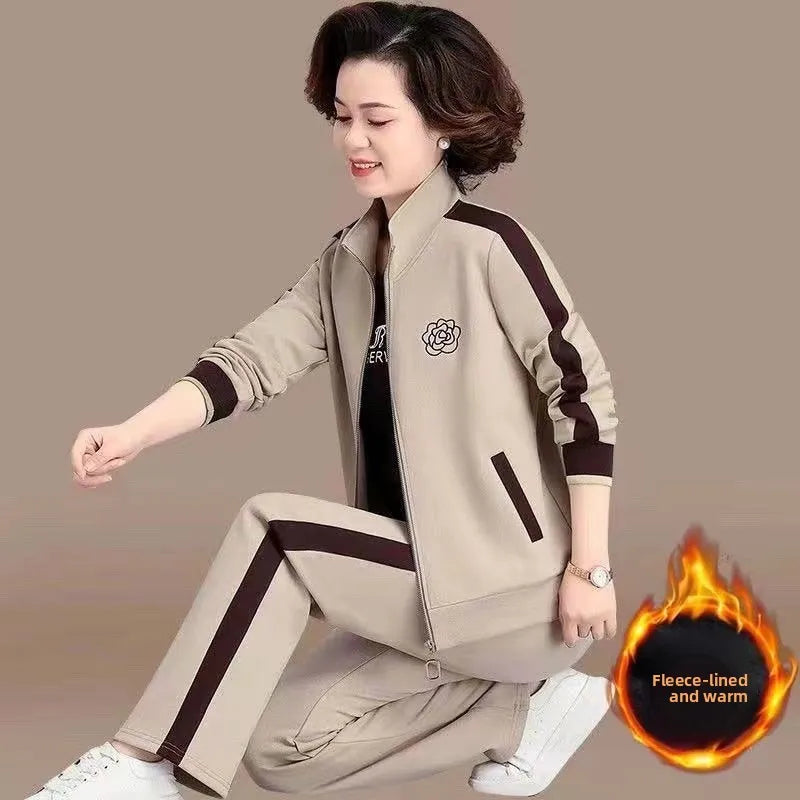 Thickened Fleece Lined Casual Sportswear Set for Middle-Aged Women Autumn Winter Two-Piece Suit Loose Fit Long Pants Zipper C...