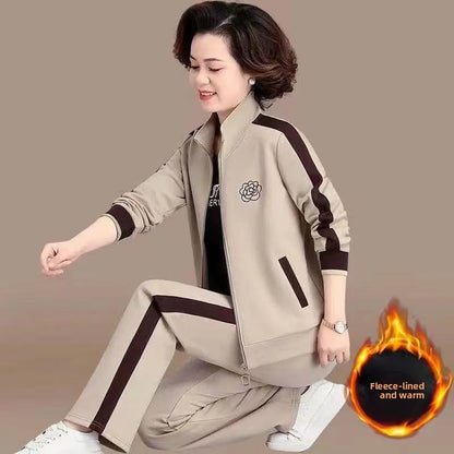 Thickened Fleece Lined Casual Sportswear Set for Middle-Aged Women Autumn Winter Two-Piece Suit Loose Fit Long Pants Zipper C...