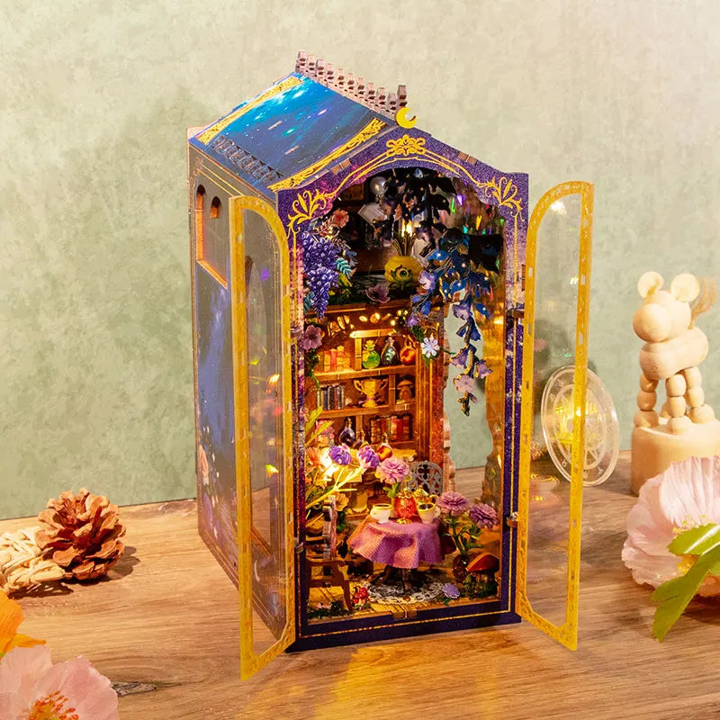 DIY Wooden Magic Garden Workshop Book Nook Shelf Insert Kits Miniature Model Kit With Light Bookend for Friends Birthday Gifts