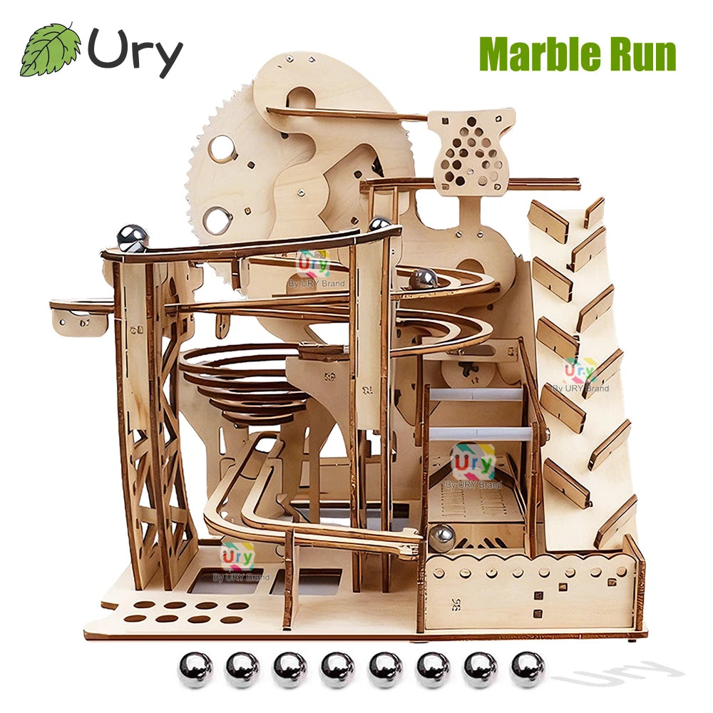 Ury 3D Wooden Puzzles Electric Marble Run Set Catapult Track Device Mechanical Model Science Balls Maze Assembly Gift