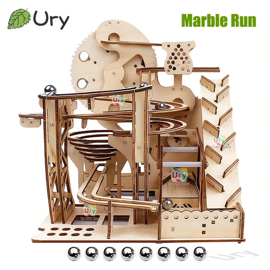 Ury 3D Wooden Puzzles Electric Marble Run Set Catapult Track Device Mechanical Model Science Balls Maze Assembly Gift