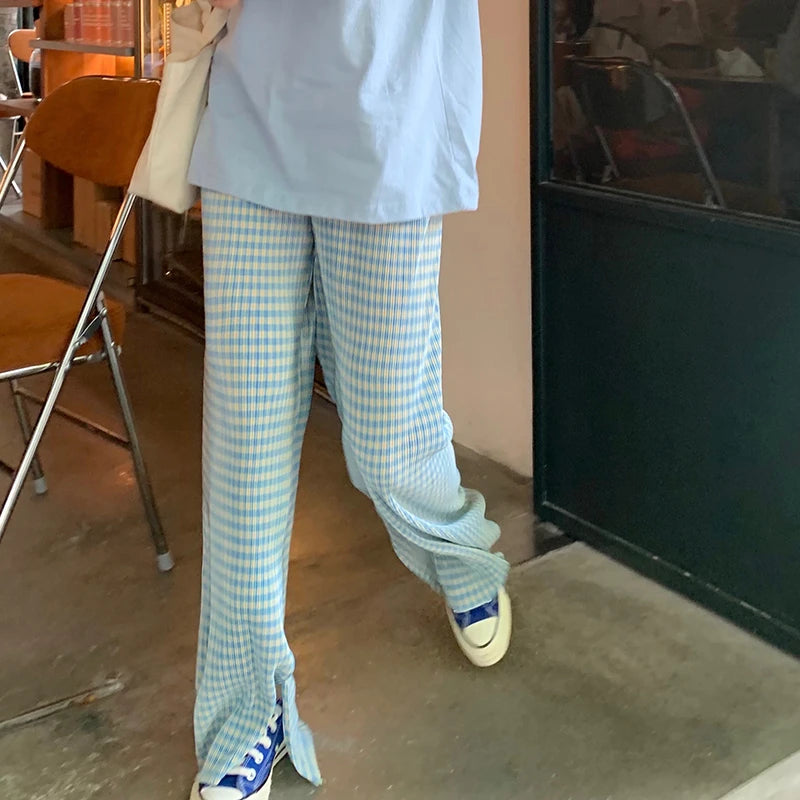 Summer Thin High Waist Casual Wide Leg Pants Women's Folded Texture Split Trousers Cool Korean Style Commute Polyester Cotton