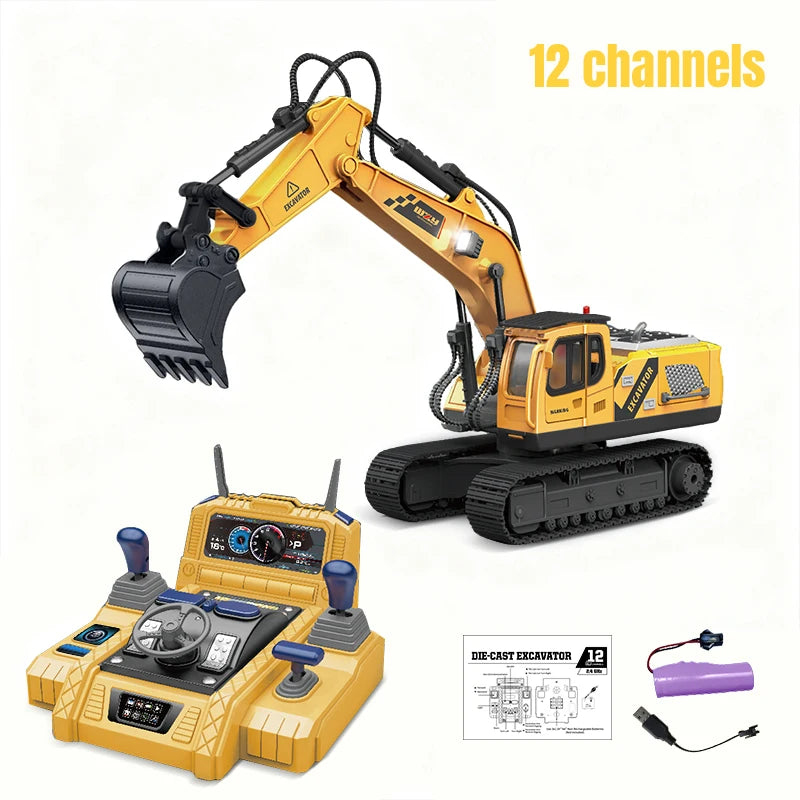 RC Excavator Truck Alloy 12/13/15CH  Engineering Vehicle Sound Spray Lighting 680 Rotation Car Kids Toys for Boys Christmas Gift