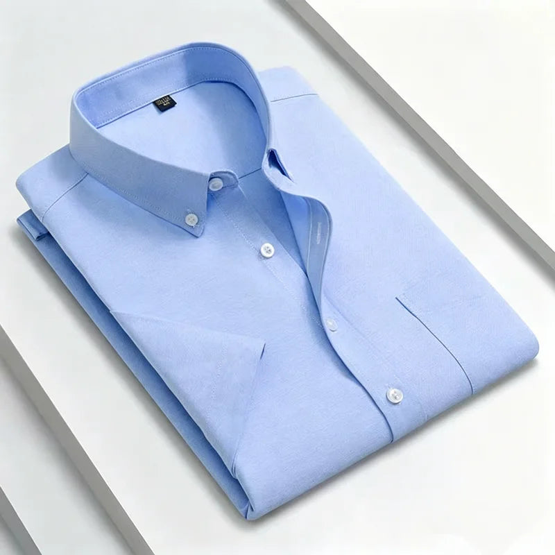 New 100% Cotton Men's Oxford Shirts Short Sleeve Summer Stripe Casual Formal Dress Social Regular Fit White Fashion Clothes 5XL
