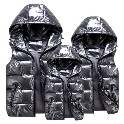 Classic Hooded Vest Man/Woman/Child Winter Hooded Glossy Cotton Vest Casual Waistcoat Men's Sleeveless Jacket Warm Overcoats Hat