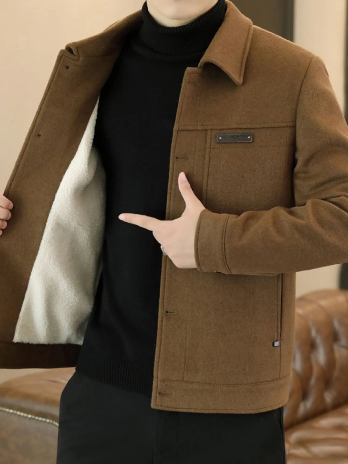 Woolen Men's Coat Autumn Winter New Style Korean Fashion Casual Lapel Versatile Warm Outerwear Handsome