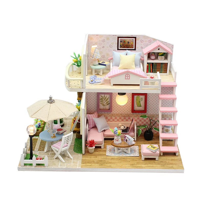 DIY Wooden Building Model Kits Wooden Miniature Doll House Assembled DollHouses Home Decoration Toys For Birthday Gifts