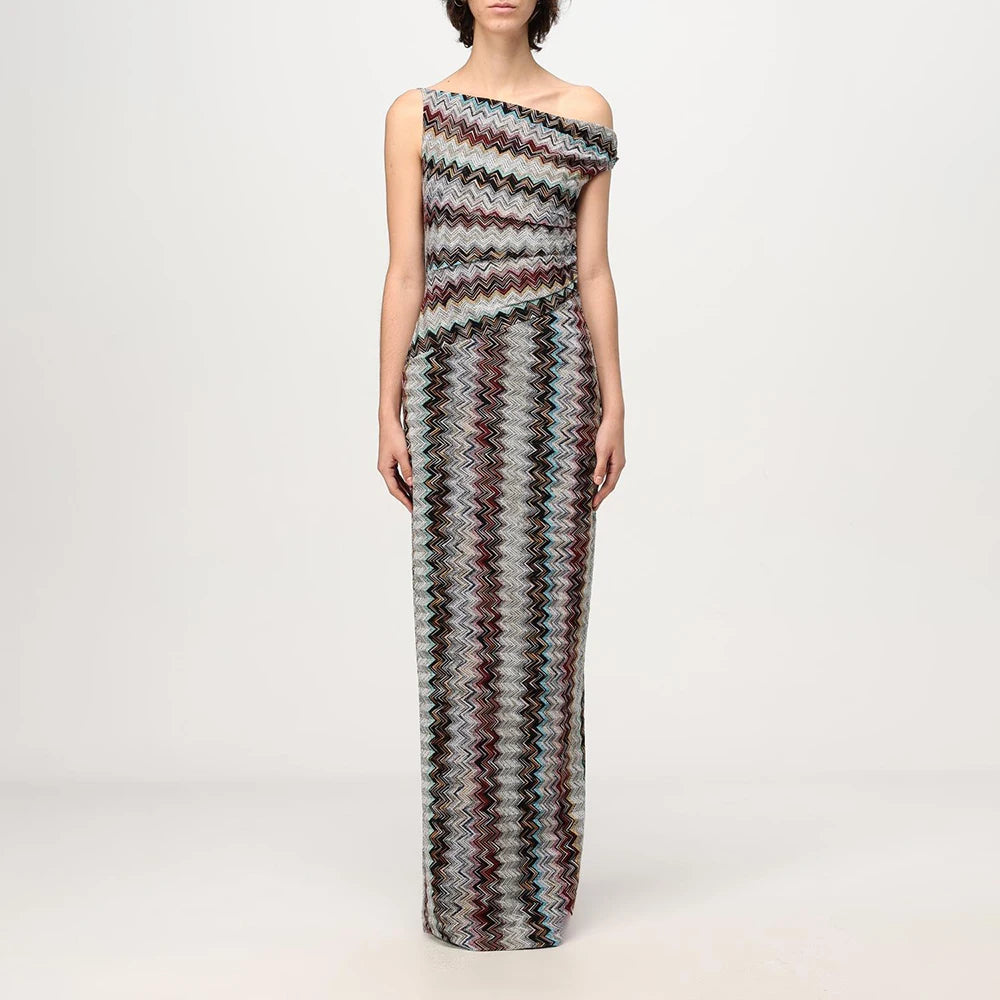 VGH Vacations Colorful Print Maxi Dress for Women Off One Shoulder Slimming Zigzag Design Asymmetrical Skirt for Casual Outings