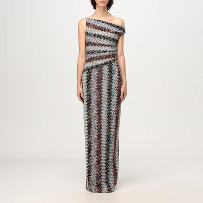 VGH Vacations Colorful Print Maxi Dress for Women Off One Shoulder Slimming Zigzag Design Asymmetrical Skirt for Casual Outings