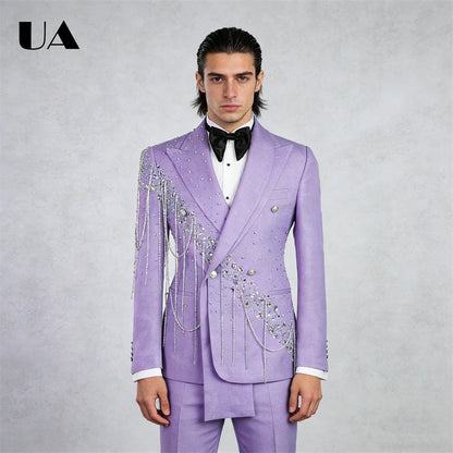 Lilac Wedding Suit for Groom, Rhinestones Tassels 2-Piece Suit Set, XXS-7XL Big & Tall Man Suit Attire Slim Fitting Tuxedo