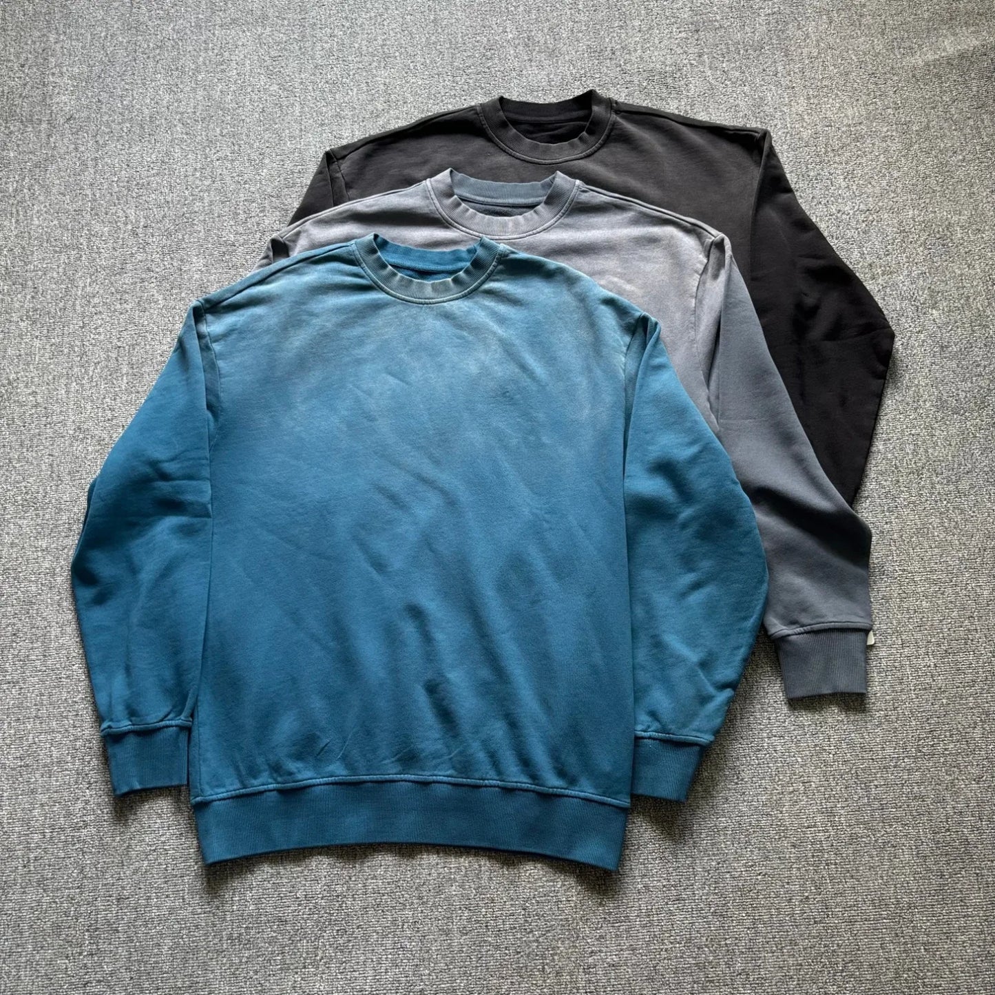 Men's washed distressed round neck long-sleeved sweatshirt retro gradient loose shoulder solid color pullover casual top
