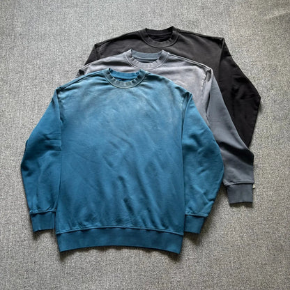 Men's washed distressed round neck long-sleeved sweatshirt retro gradient loose shoulder solid color pullover casual top
