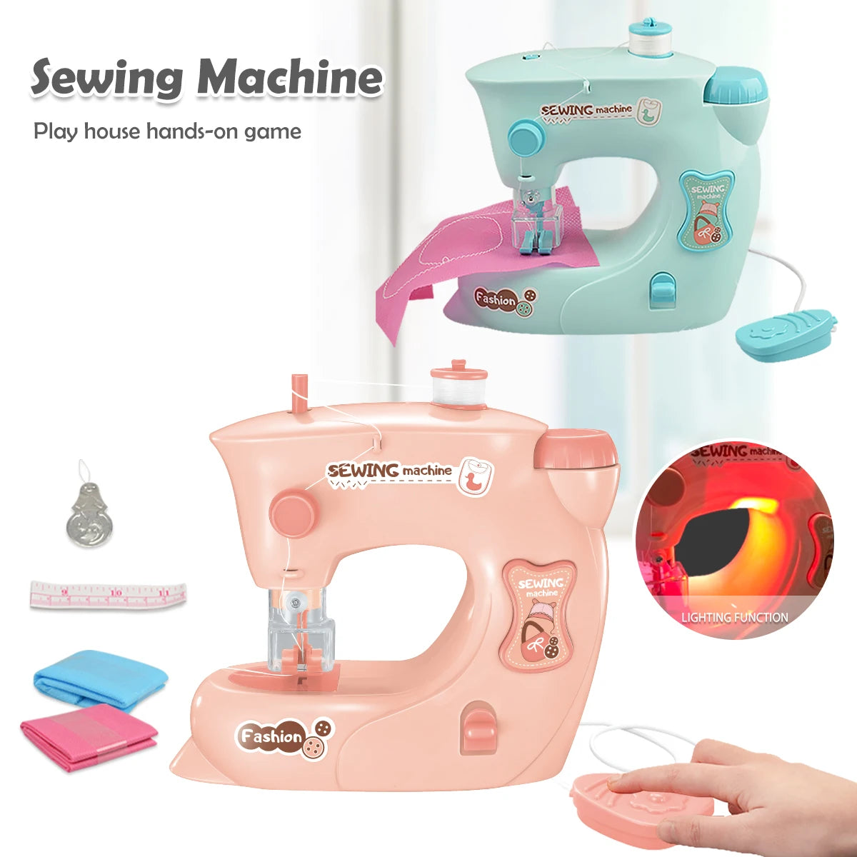 Mini Sewing Machine Toys for Kids, Electric Furniture Model Playing Home Toy with Lights DIY Simulation Sewing Gift for Children